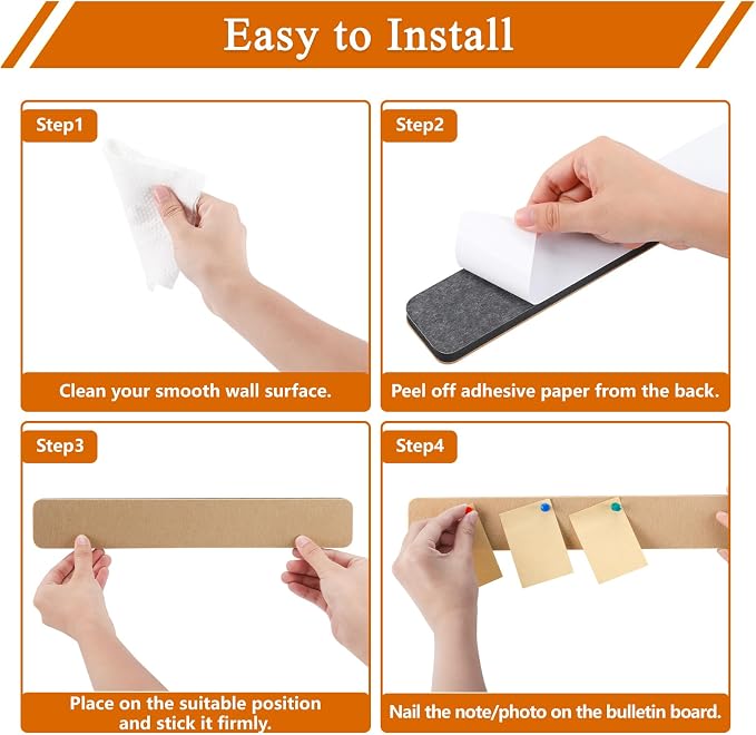 8Pcs Rectangle Felt Cork Board Bar Strips with 35 Pushpins, Self-Adhesive Bulletin Board Strips for Office School Home Wall Decor Stickers Memos Schedules Photos Display -Gradual Purple