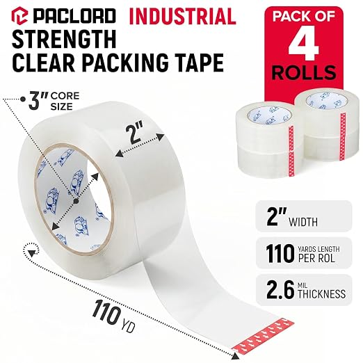 2" x 110 Yards Clear Packing Tape, Pack of 4 - Heavy-Duty 2.6 Mil Thick Carton Sealing Tape with Industrial Strength Adhesion for Packaging, Moving, or Shipping Boxes | Heavy-Duty 2.6 Mil Thick Carton Sealing Tape with Industrial Strength Adhesion for ...