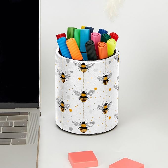 Leather Pen Holder for Desk, Bees Pencil Cup Pen Organizer Makeup Brush Holder for Office Home Kids Countertop Desk Accessory Storage