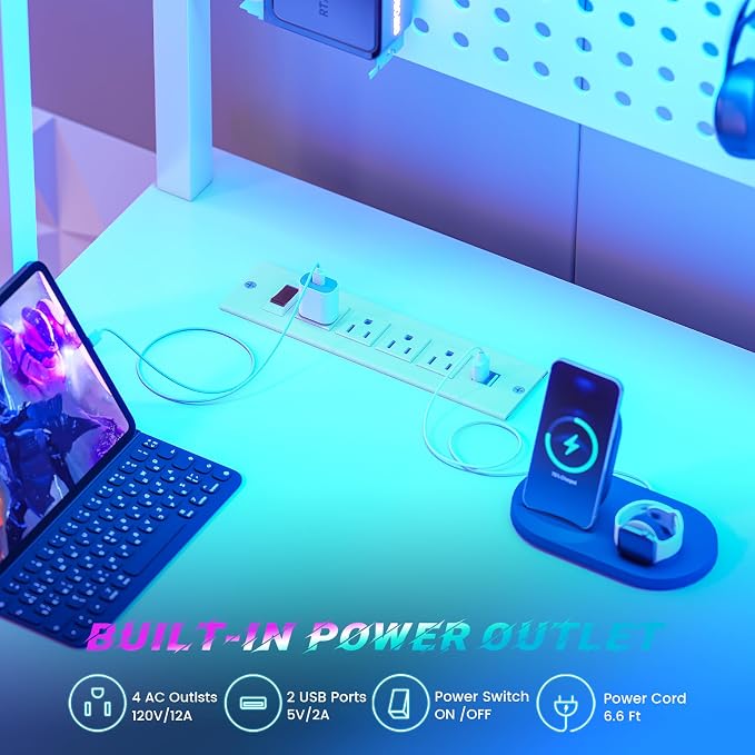 SEDETA White L Shaped Gaming Desk with Hutch, Power Outlet and Pegboard | Reversible 94.5" Computer Desk Two Person Desk, Corner Desk with Storage Shelf Keyboard Tray and LED Lights for Home Office