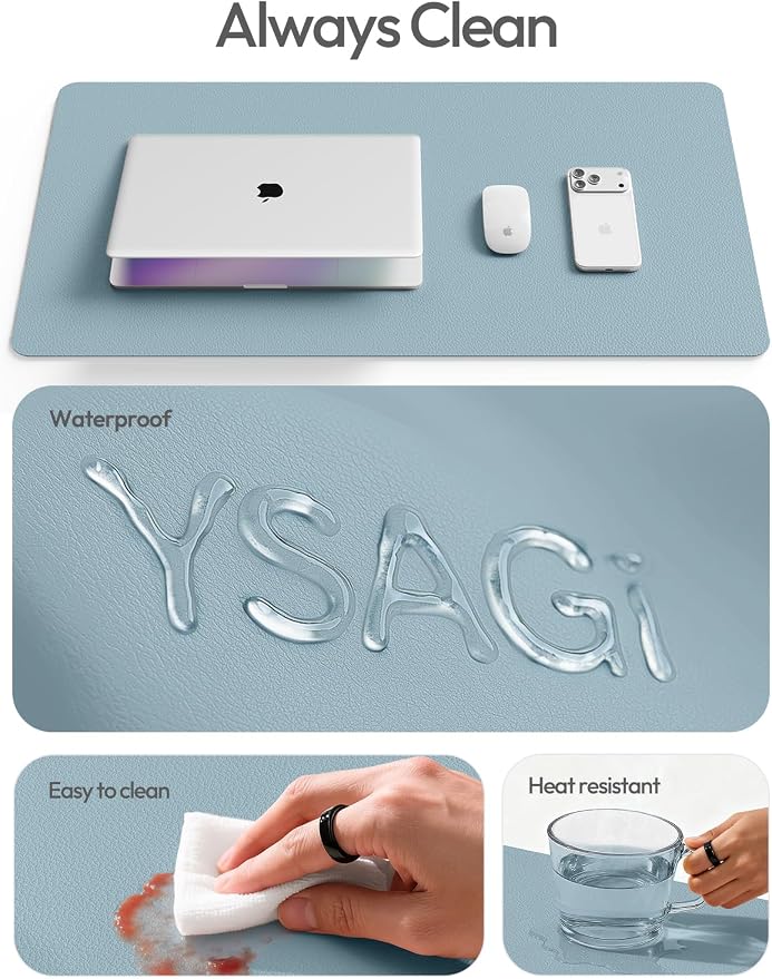 YSAGi Leather Desk Pad Protector, Office Desk Mat, Large Mouse Pad, Non-Slip PU Leather Desk Blotter, Laptop Desk Pad, Waterproof Desk Writing Pad for Office and Home (Ice Blue,55" x 24")
