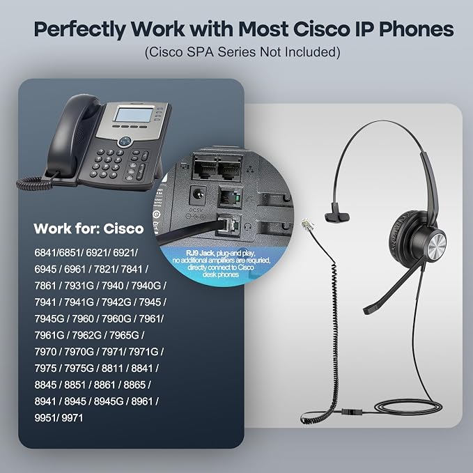 MKJ Cisco Phone Headset Corded RJ9 Telephone Headset Noise Canceling Mic | Microphone Headphone, Compatible with Cisco CP-7821 7841 7942G 7940 7941G 7945G 7962G 7965G 7975G 8811 8841 8861 9951 9971