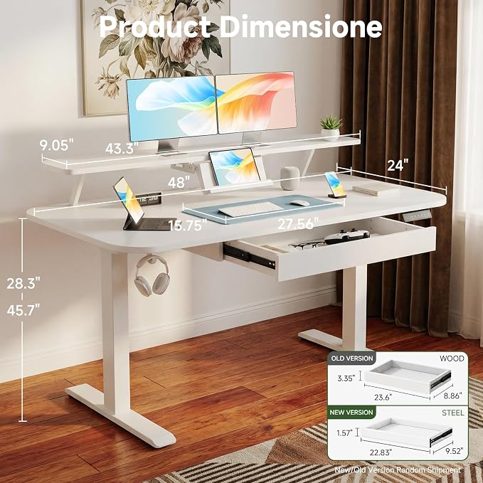 COMHOMA Electric Standing Desk with Drawers, 48 x 24'' Sit Stand up Desk with Monitor Stand, Laptop Stand, Height Adjustable Ergonomic Home Office Computer Desk with Memory Preset Controller