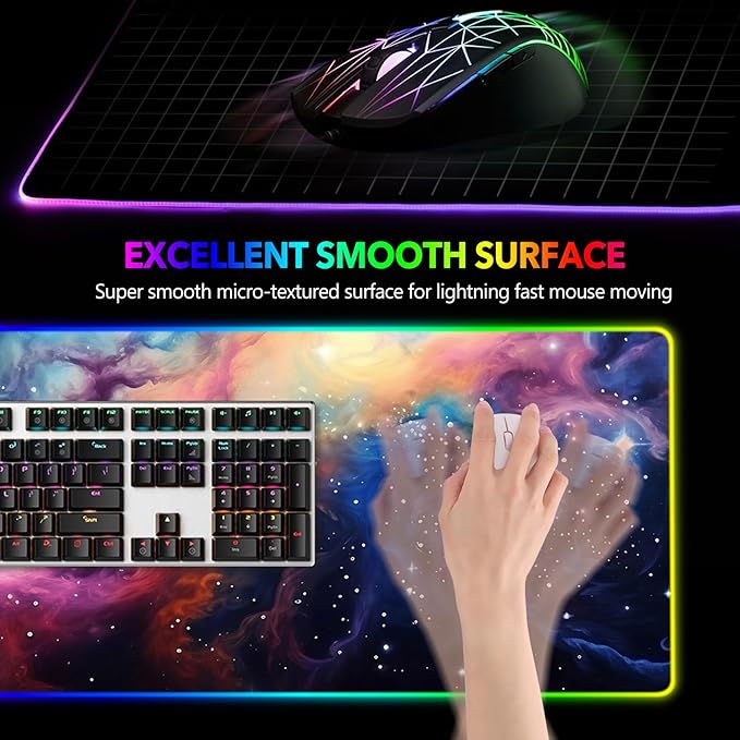 AIMSA RGB Mouse Pad LED Gaming Mouse Pad with 14 Lights Modes, Non-Slip Rubber Base Computer Carpet Desk Mat for PC Laptop (35.4 x 15.8 inch) Colorful Ink Starry Sky