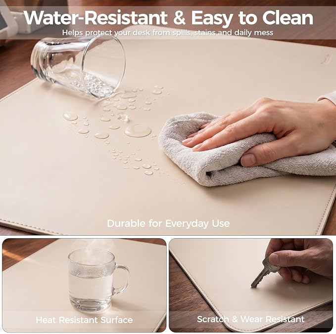 Large Desk Pad Non-Slip Desk Mat Protector for Keyboard Mouse Waterproof Vegan Leather Surface Faux Leather Laptop Mat Smooth Mouse Pad Premium Gift Tube Warm Beige 55" x 23"