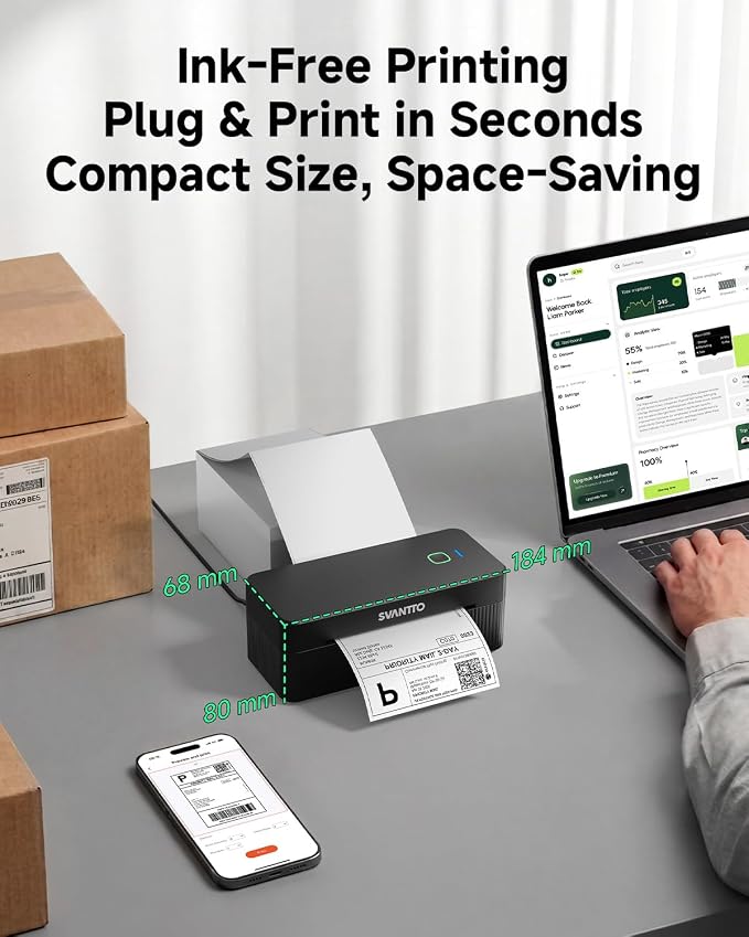 SVANTTO Thermal Label Printer, 4x6 Shipping Label Printer Bluetooth Wireless Label Printer for Small Business Compatible with Etsy, Shopify, USPS, iPhone, Mac, Windows