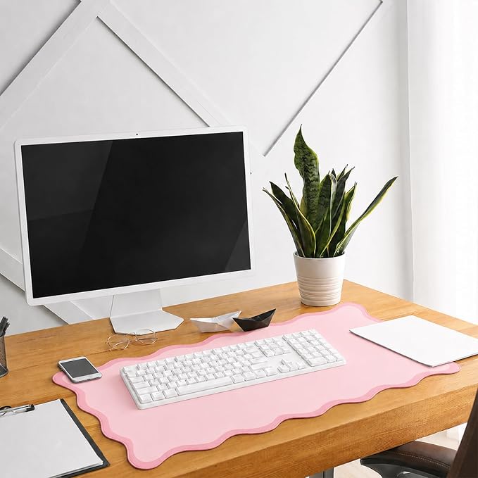 Hahafelt Scalloped Desk Mat Waterproof,Light Pink,31.5 X 15.8 Inches | Coquette Preppy Style for School Office Makeup Vanity, Nonslip Gaming Desktop Protector with Scalloped Stitched Edge Mat