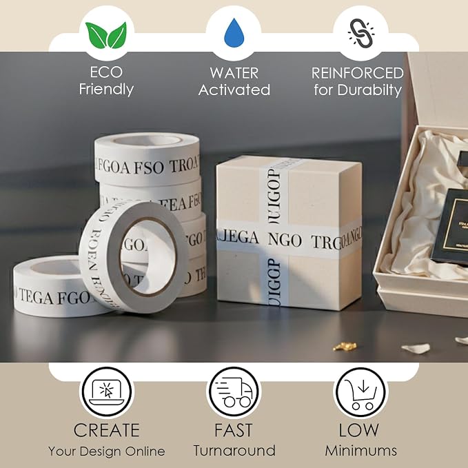 COACO Personalized Packaging Tape for Labeling & Packaging, Reinforced Water Activated Custom Shipping Tape, Strong Seal, Gummed Paper Base for Small Business Branded Boxes, Kraft (100')