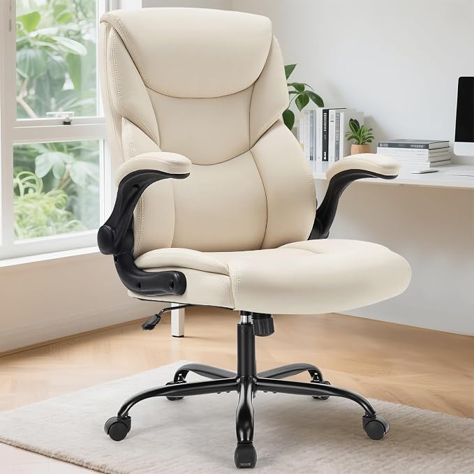DUMOS Leather Office Chair, Computer Desk Chair, Lumbar Support | Adjustable Flip-Up Armrest, Swivel Rolling Wheels, Strong Metal Base, Cream White