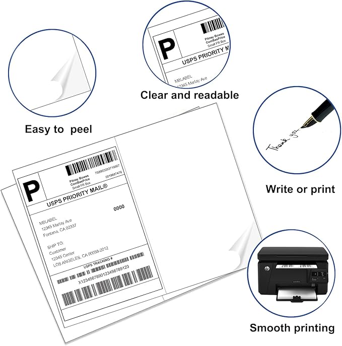 1000 Labels Half Sheet Shipping Labels, 8.5" x 5.5" Adhesive Sticker Papers, Half Page Self Adhesive Mailing Label for for FBA, Packages and Mailings, 500 Sheets