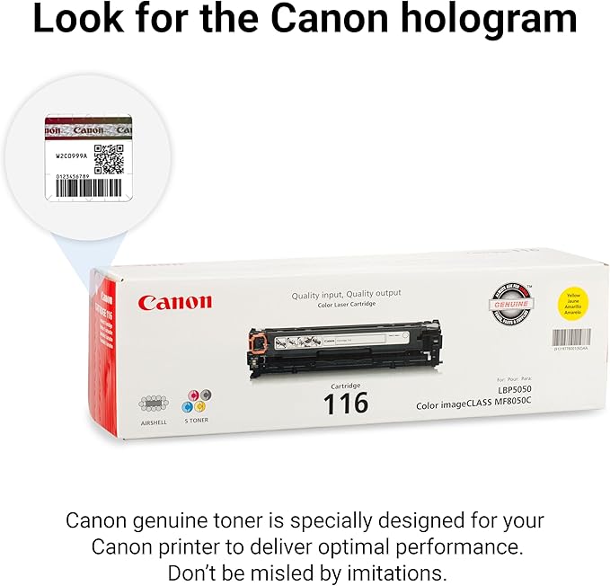 Canon Genuine 116 Yellow Toner Cartridge Compatible with MF8050Cn, MF8080Cw