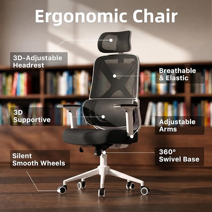 Mesh Ergonomic Office Chair with Lifting Armrests Home Office Desk Chair with Headrest and Backrest 90-150 Adjustable for Home, Office, Gaming, Student（White+Black）