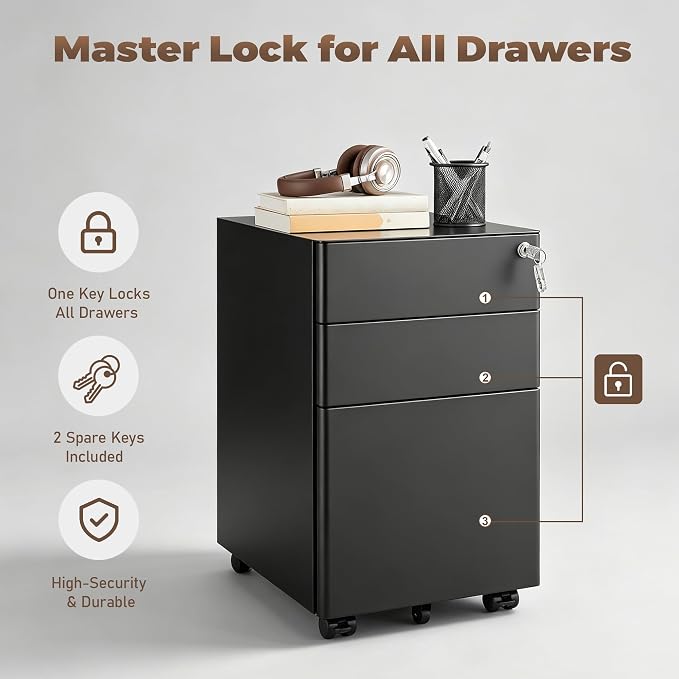 Approgreent Fully Assembled 3 Drawer File Cabinets for Home Office | Lockable Mobile Filing Cabinet with Anti-tipping Wheels, Fits A4, Letter & Legal Size Files & Folders, Matte Black