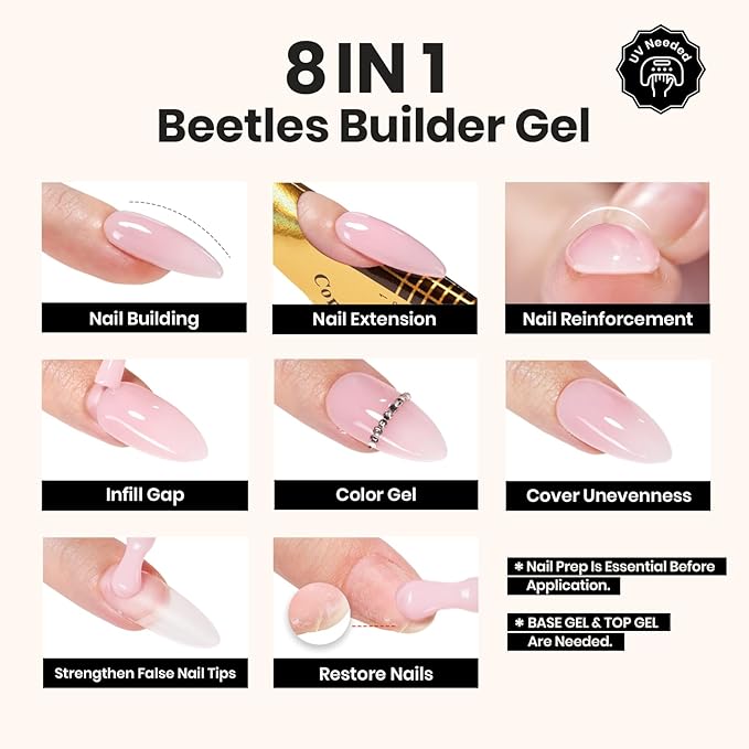 Beetles Builder Gel with Base & Top Coat Gel,3 Pcs Clear Builder Nail Gel,for Nail Strengthening Building Apex Extension for Beginner DIY Salon at Home,UV & LED Lamp Needed
