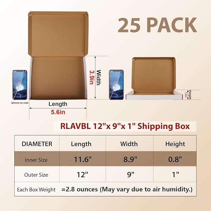 RLAVBL 12x9x1 Shipping Boxes Set of 25, White Corrugated Cardboard Box for Packing, Mailing, Business