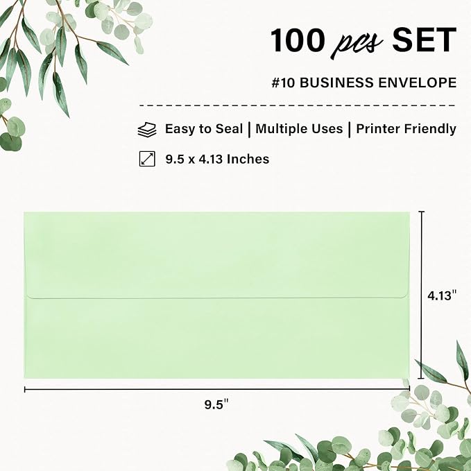 100 Pack #10 Light Green Envelopes Letter Size Self Seal Business Envelopes | Security Mailing Envelopes, 4 1/8 x 9 1/2 Inches