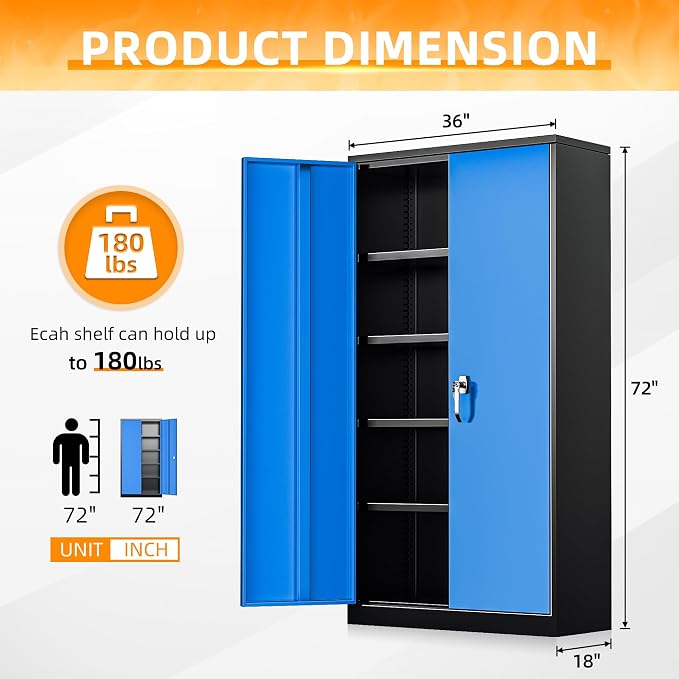 Metal Storage Cabinet with Lock, 72" H Garage Cabinets with Doors and Adjustable Shelves, Lockable Metal Cabinets for Garage, Home, Office(Black-Blue)