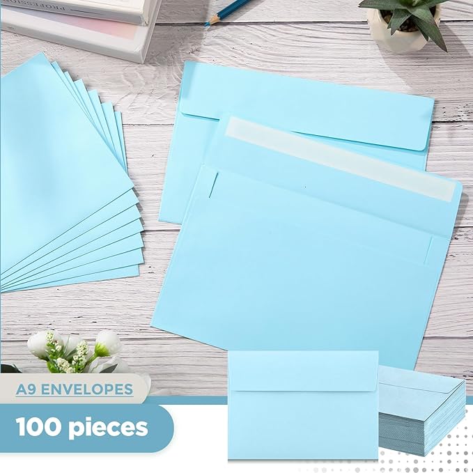 Harloon 100 Pcs A9 Invitation Envelopes 5.75 x 8.75 Inch Self Adhesive Wedding Invitation Envelopes Paper Greeting Card Envelope for Photos Letters Baby Shower Office 110 Gsm Paper(Light Blue)