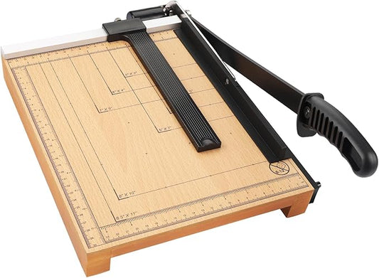 MROCO Heavy Duty Guillotine Paper Cutter & Paper Trimmer, 12" Cut Length, Automatic Clamp, Adjustable Guide, Wood Base with millimeters/inches Gridlines