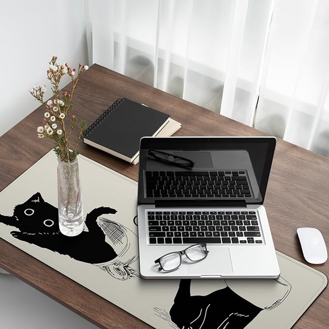 Funny Cute Cat Gaming Mouse Pad with Non-Slip Rubber Base, Large Anime Mousepad with Stitched Edges, Long Keyboard Mat for Home and Office, 31.5 x 11.8 inches (Anime Black Cat)