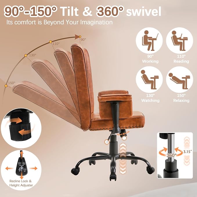 VECELO Modern Executive Office Chair with Wheels, Comfy Modern Task Chair with Adjustable Arms & Back, Ergonomic, Durable, Sturdy, Easy to Clean, Breathable Desk Chair for Home, Office, Deep Brown