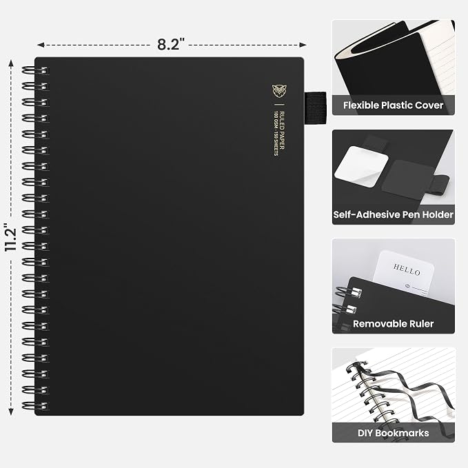 EMSHOI Lined Spiral Journal Notebook, 300 Pages, A4 Size (8.2'' x 11.2'') | College Ruled, Flexible Plastic Cover, 100 GSM Thick Paper, for School, Writing, Work, Office & Journaling (Black)