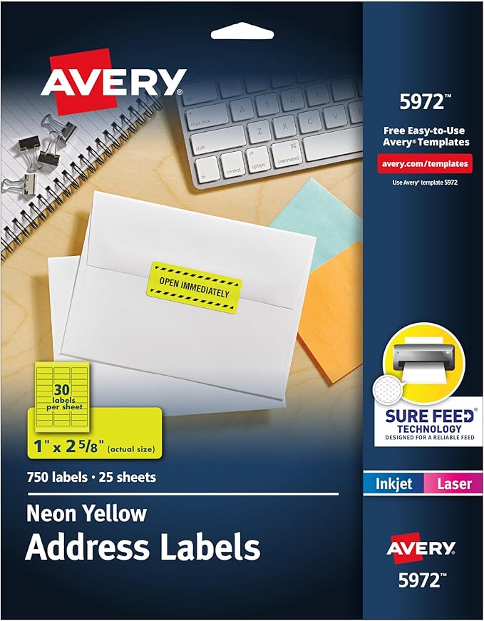 Avery Printable Address Labels with Sure Feed, 1" x 2-5/8", Neon Yellow, Laser & Inkjet Compatible, 750 Blank Labels Total, Great for Branding, Mailing, Organizing, and More (5972)