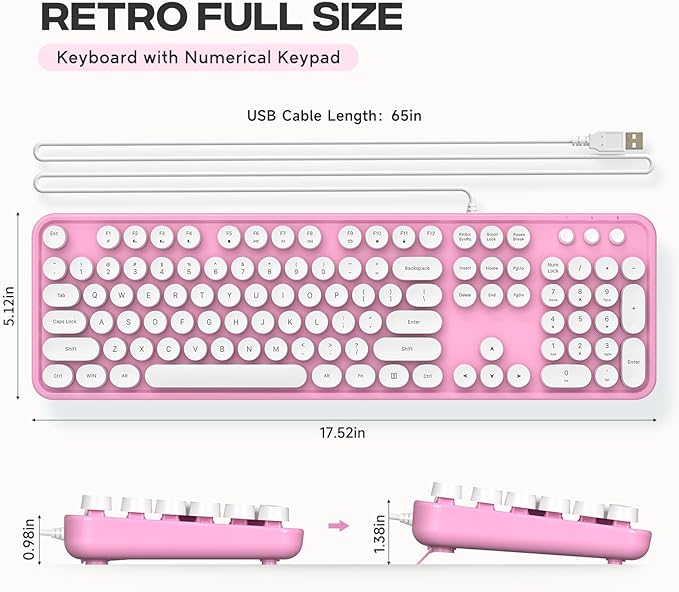 Computer Keyboard Wired, Plug and Play USB Retro Round Typewriter Keyboard, Full Size Wired Keyboard with Foldable Stands for Laptop and Office PC