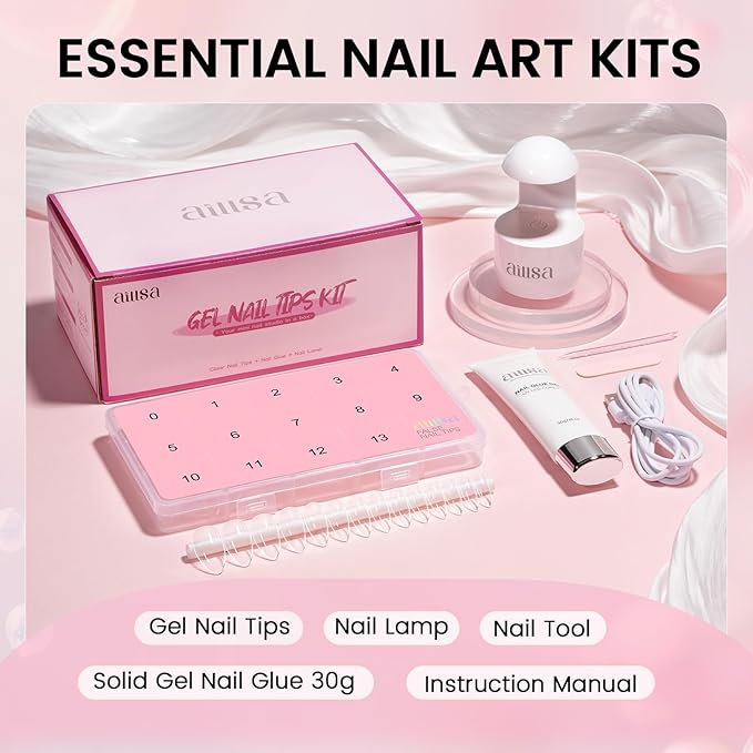 AILLSA Nail Extension Kit Medium Almond Nail Tips 224pcs, Solid Gel Nail Glue 30g for Acrylic Fake Nails, Gel Nail Tips Kit with Nail Lamp for Beginners DIY Home Salon