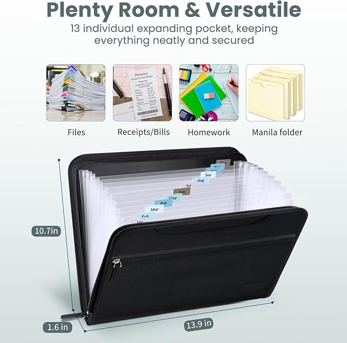 Sooez Heavy Duty Accordion File Organizer with Hidden Handle, Portable 12 Pockets Expanding File Folders, Cloth Monthly Bills Receipt Organizer for Letter/A4, School Classroom Home & Office Supplies | 12 Pockets, Expanding Important Document Folder, Cl...