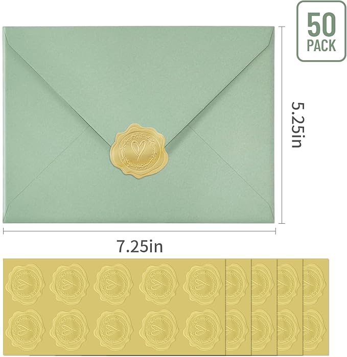 50 PCS Sage Green Colorful A7 Envelopes with Stickers, 5x7 Envelopes for Greeting Cards, Great for Invitations, Wedding Invitation, Birthday, Baby Shower, Graduation