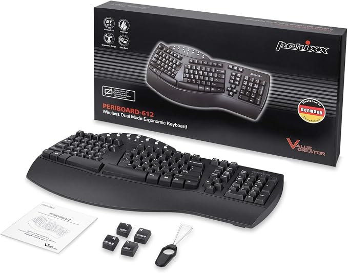 Perixx Periboard-612B Wireless Ergonomic Split Keyboard with Dual Mode 2.4G and Bluetooth Feature, Compatible with Windows 11 and Mac OS X System, Black, US English Layout