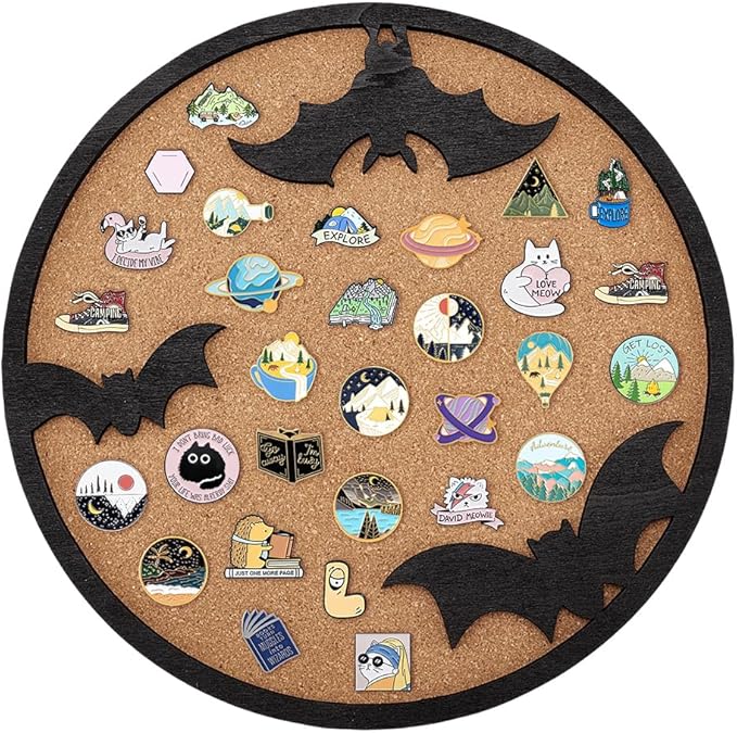 BENECREAT Round Cork Boards, Bats Pin Display Board, 11.8x0.7inch Bulletin Board Brooch Jewelry Display Cork Tray for Brooch Pin Storage, Halloween Decor