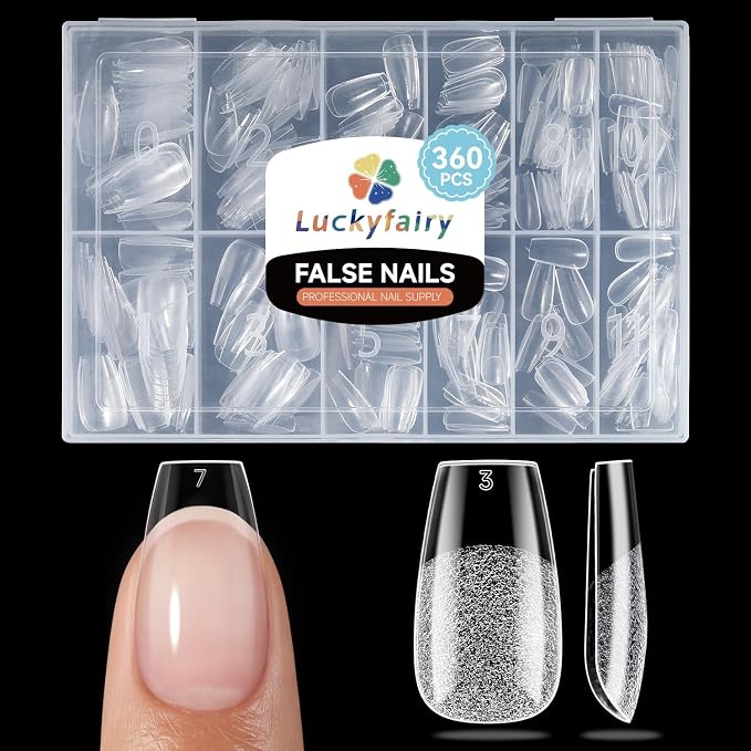 Luckyfairy Short Coffin Nails Tips: Soft Gel Pre-Shaped Acrylic Nail Tips Coffin 360pcs Fake Nails Half Matte Full Cover Clear Press on False Acrylic Nails for Nail Extension Home DIY 12 Sizes
