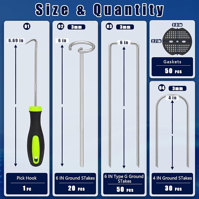 151 Pcs Landscape Fabric Stakes,3 Types Galvanized Ground Staples | U/G Shaped Garden Stakes,4/6 In Gauge Garden Stakes Heavy Duty for Plant Cover, Turf, Fence, Grass Decoration, Netting