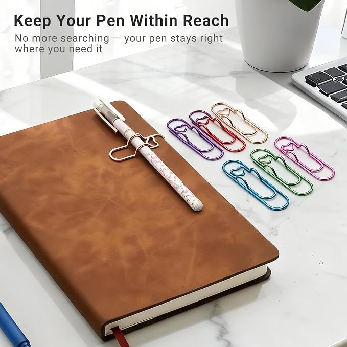 Metal Heart Pen Holder Paper Clip, 18 Pack Notebook & Journal Accessories | Fits pens up to 0.5", six metallic colors for notebooks, journals, planners, and clipboards