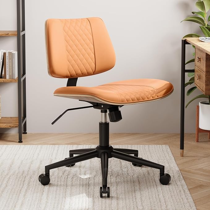 Modern Armless Office Chair with Wheels, Wide Seat Walnut, Brown | Adjustable Swivel Desk Chair with Mid Back & Tilt Function, Faux PU Leather Mid Century Modern Task Office Chair, 300LBS Cap