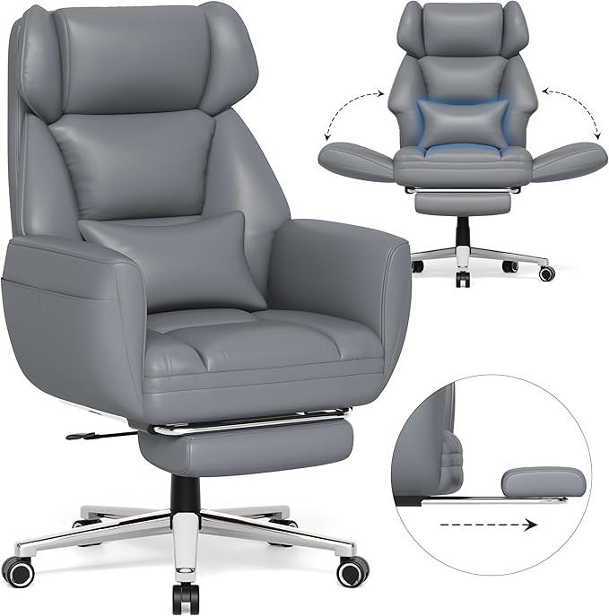 GABRYLLY Criss Cross Chair with Footrest, Big and Tall Office Chair - Wide Seat, Reversible Armrests, 120°Tilt, 400LBS Heavy-Duty Executive Leather Chair for Working, Gaming & Meditation, Grey