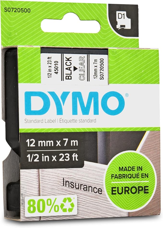 DYMO Standard D1 45010 Labeling Tape (Black Print on Clear Tape, 1/2'' W x 23' L, 1 Cartridge), DYMO Authentic (Pack of 2)