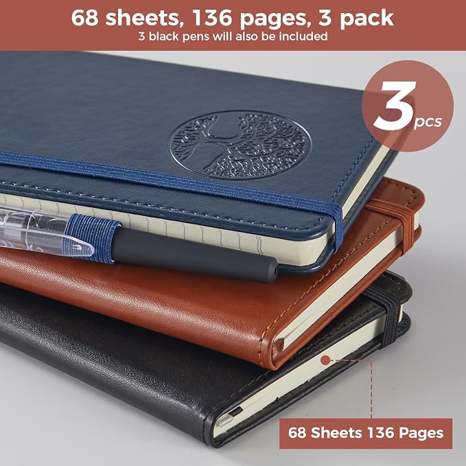3 Pack Pocket Journal Notebooks, A6 Small Mini Notepad with Pens, 3.7" x 5.7" Leather Hardcover Note Book for Women/Men Work, 400 Pages 100GSM Lined Paper, Brown