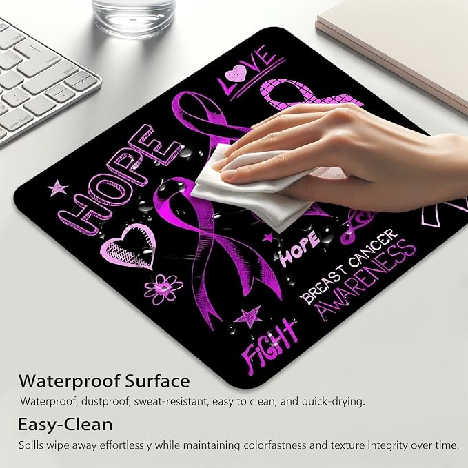 Breast Cancer Awareness Hope Love Fight Mouse Pad, Black Purple Desk Mat | Cute Mousepad Stitched, Anti-Slip Base Smooth Surface, 9.5 x 7.9 Inches