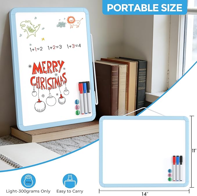 MaxGear Small Dry Erase Board for Wall, 14"x 11" Double-Sided Whiteboard with 3 Dry Erase Markers, 3 Magnets, Portable White Board for Planning, Drawing, Memo, to Do List, Blue Frame