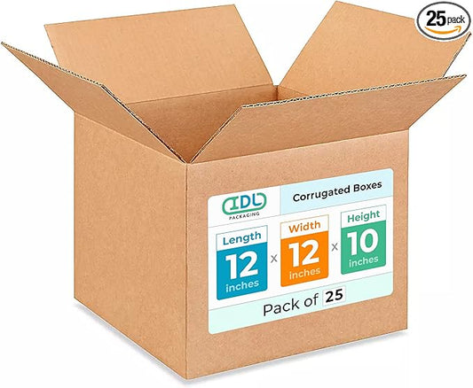 Medium Moving & Shipping Boxes 12"L x 12"W x 10"H (25-Pack) - Extra Strength 200 lb vs Regular - USA-Made Corrugated Cardboard Boxes - Packing Box for USPS, UPS, FedEx by IDL Packaging