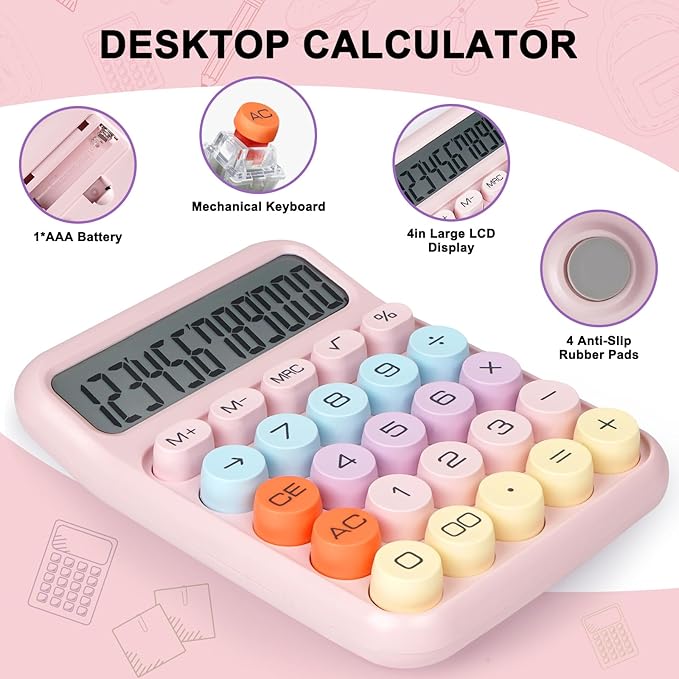Mechanical Switch Calculator with Big Buttons, Calculators Desktop, 12 Digits, Large LCD Display, Desk Calculator, Cute Pink Calculators for Teachers Students Basic Office (Pink)