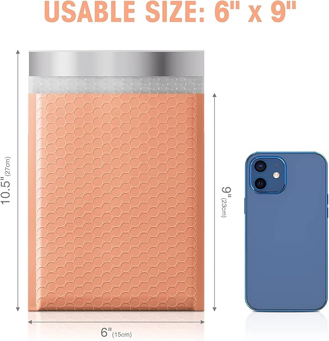 Metronic 6x10 Bubble Mailer 100 Pack Usable Size 6x9" Self-Seal Bubble Mailers Opaque Padded Envelopes Cushioning Mailers for Shipping Jewelry Makeup Supplies Peach