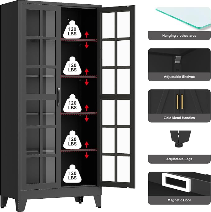 QINPTWUT 71" Tall Glass Door Storage Cabinet, Modern Metal Pantry Cabinet with 4 Adjustable Shelves, Freestanding Display Cabinet for Kitchen, Living Room, Dining Room, Home Office (Black)