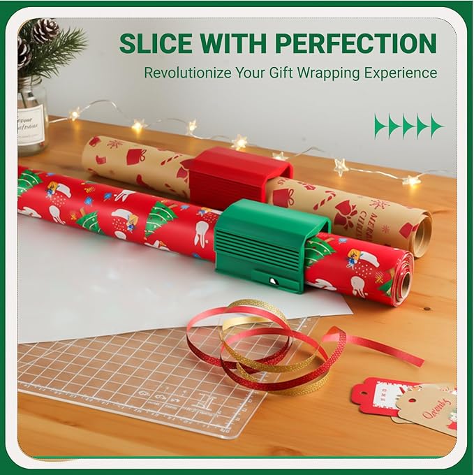 2PC Wrapping Paper Cutter Set | Gift Wrap Cutter Dual Blade Desktop Paper Roll Trimmer for Small Medium Jumbo Rolls | Wrapping Paper Roll Cutting Tool | Gift Wrap Gadgets for Crafts