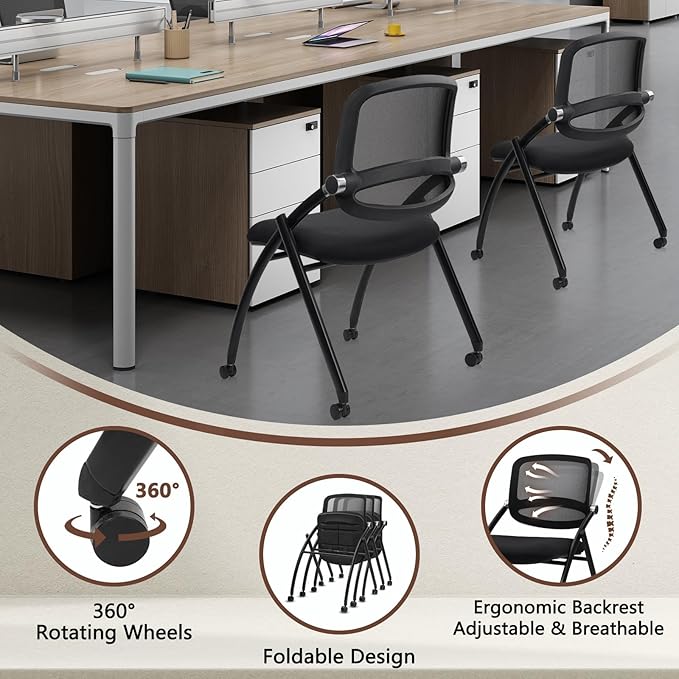 CLATINA Stackable & Foldable Conference Chair with Wheels, Ergonomic Mesh Back,300lbs Capacity, Breathable Padded Seat, Armless Office Chair for Reception, Training, Home Office, Black, 1PK