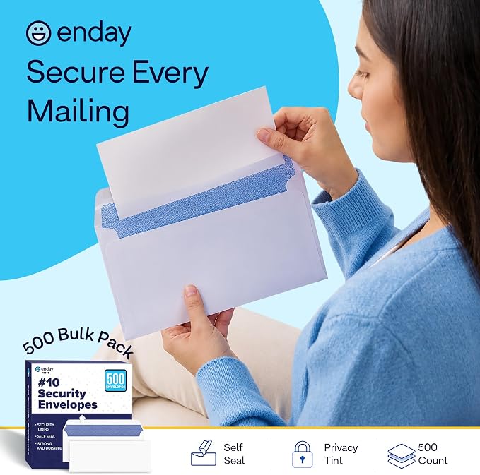 #10 Security Envelopes Letter Size Self Seal, 500 Count, Windowless Security Tinted, 4-1/8" x 9-1/2", Business Mailing Envelopes for Home Office School Documents