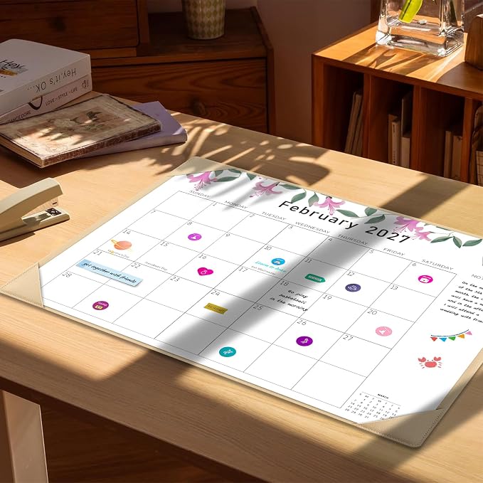 Gannyfer Large Desk Calendar 2026-2027 with Desktop Mat - 18 Month Table Calendar, 22" x 17" Desktop Pad Calendar, Teacher Calendar for Planning and Organizing In Your Family, School or Office - Small Fresh Florals (6 Stickers Included) (Brown)